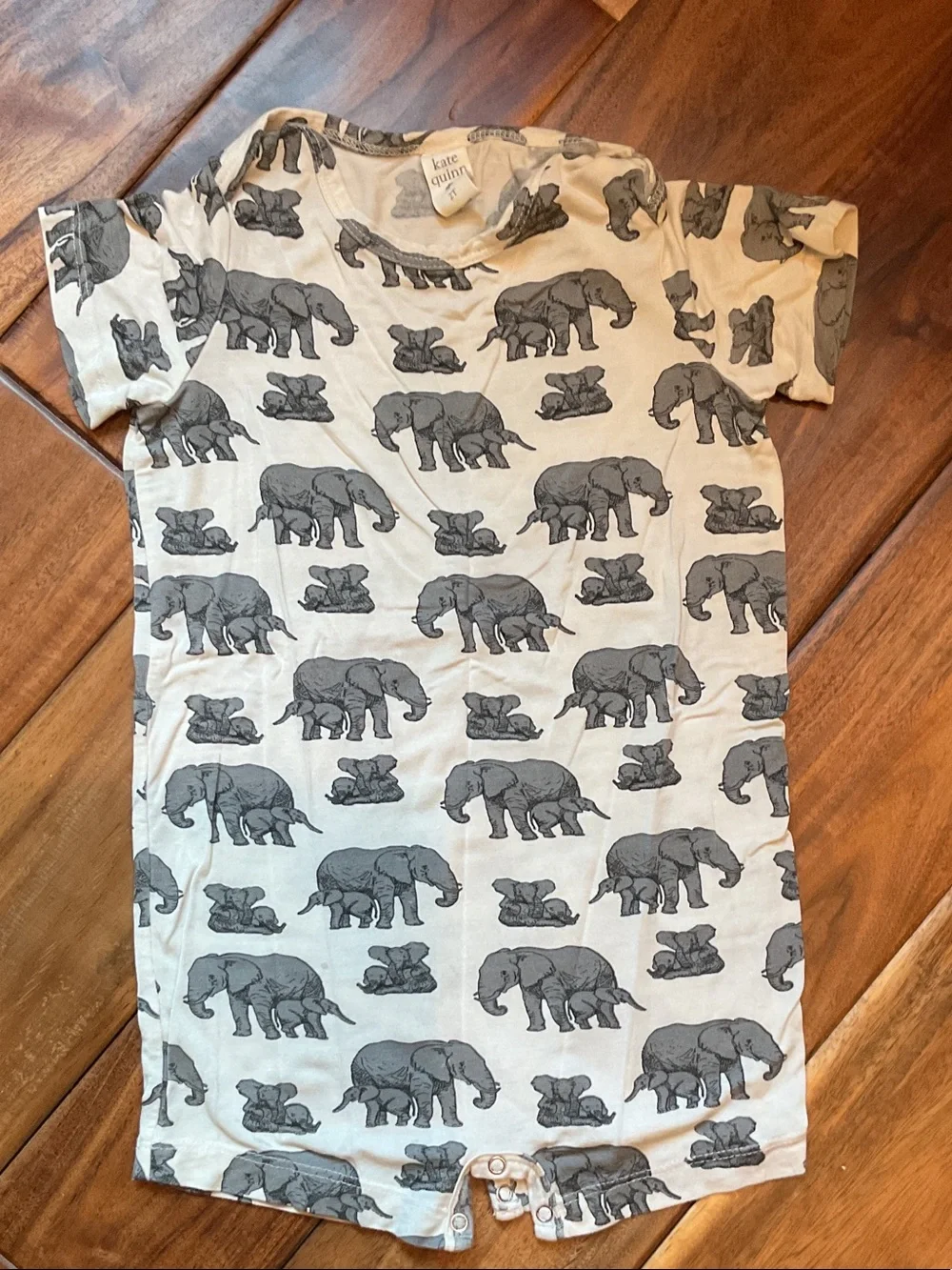 kate quinn Cream and Gray Elephant Print Short Sleeve Romper